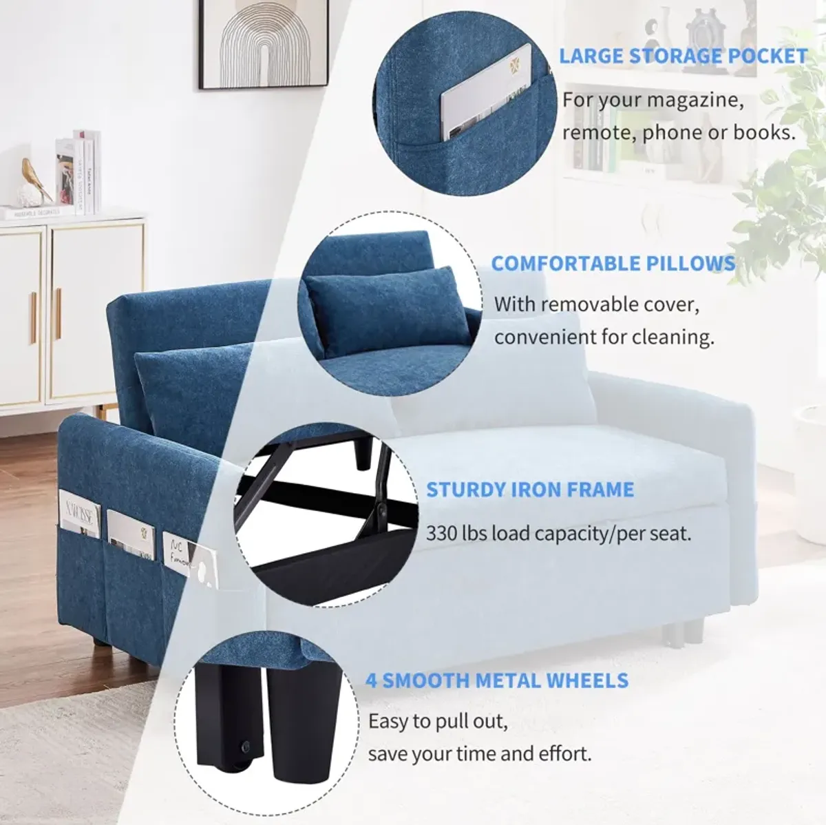 Pull Out Sleep Sofa Bed Loveseats Sofa Couch With Adjsutable Backrest, Storage Pockets, 2 Soft Pillows, USB Ports For Living Room