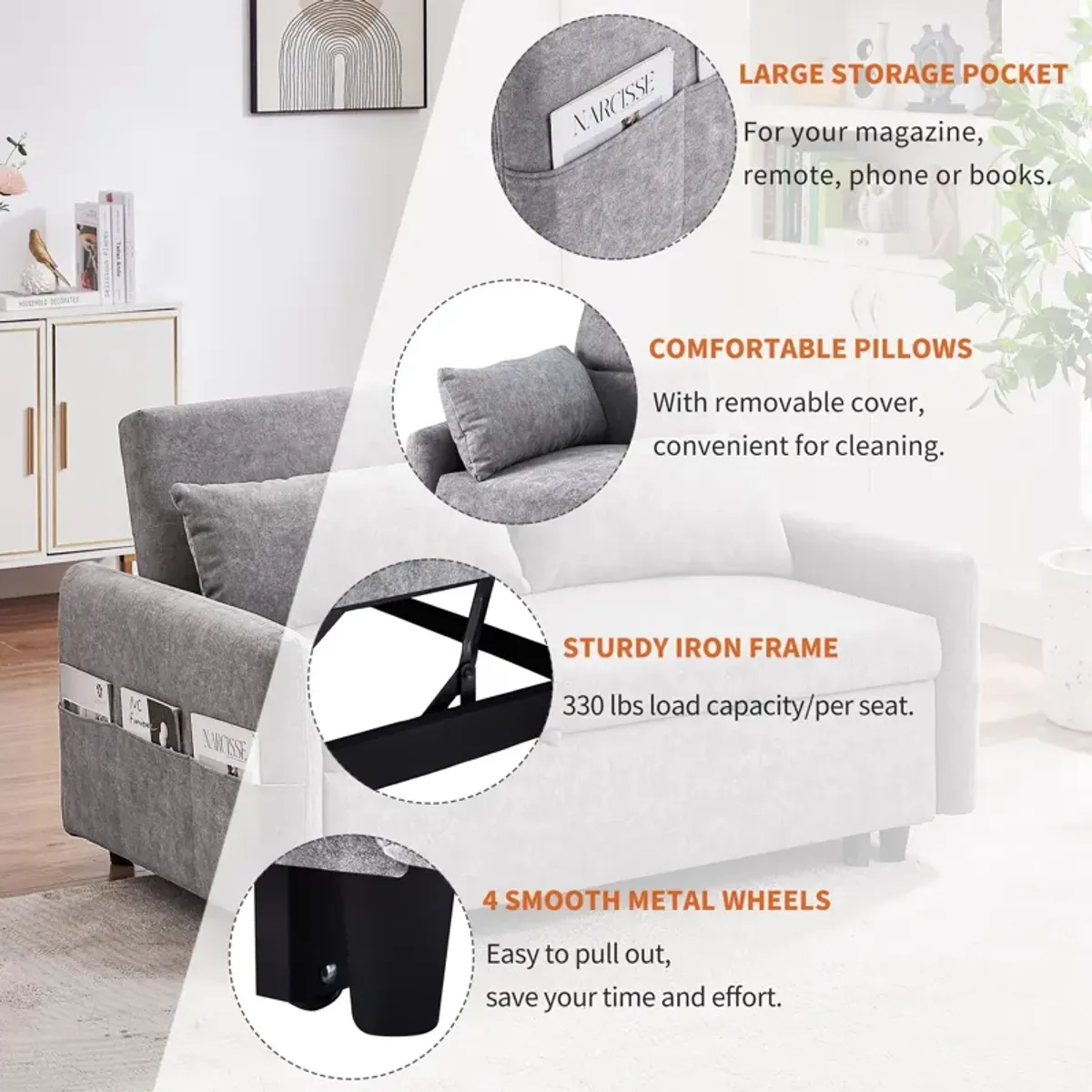 Pull Out Sleep Sofa Bed Loveseats Sofa Couch With Adjsutable Backrest, Storage Pockets, 2 Soft Pillows, USB Ports For Living Room