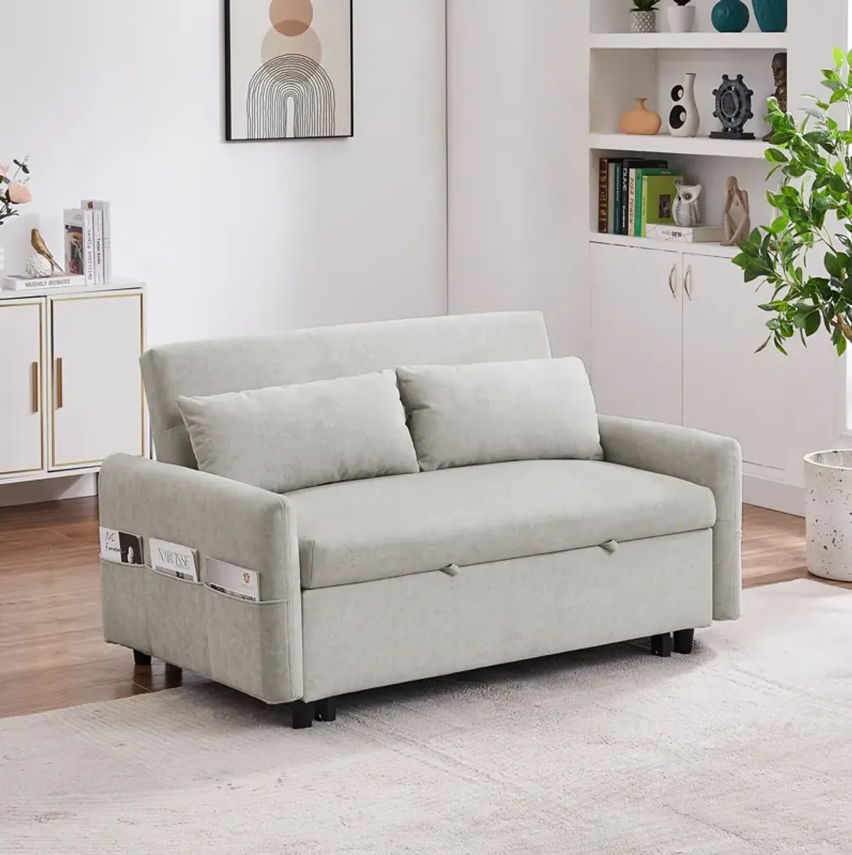 Pull Out Sleep Sofa Bed Loveseats Sofa Couch With Adjsutable Backrest, Storage Pockets, 2 Soft Pillows, USB Ports For Living Room