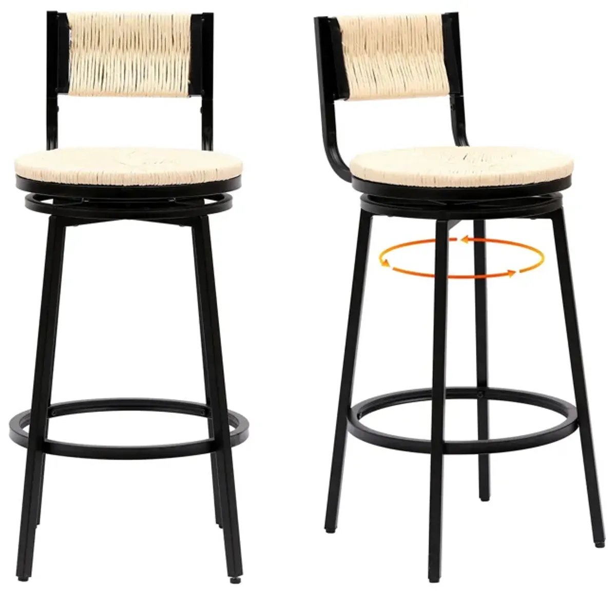 Bar Stools Swivel Counter Chairs With Metal Frame Hand Woven Paper Rope Dining Barstools For Kitchen Counter (Set of 2)