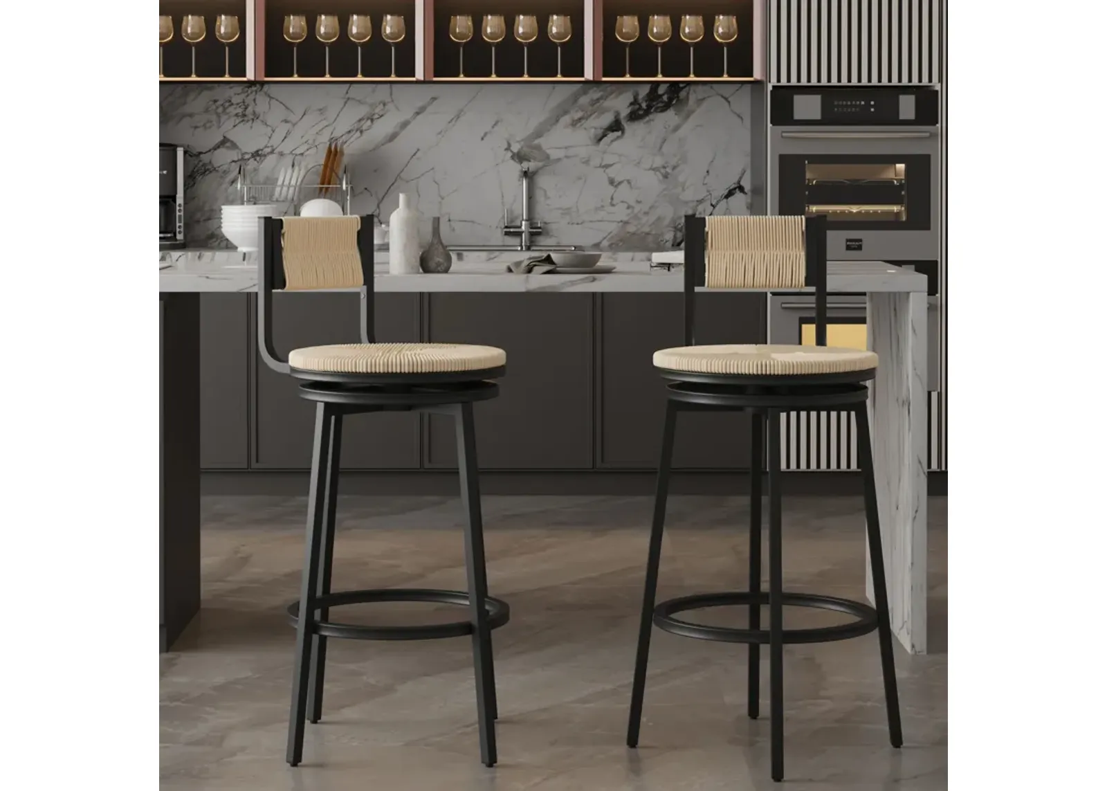 Bar Stools Swivel Counter Chairs With Metal Frame Hand Woven Paper Rope Dining Barstools For Kitchen Counter (Set of 2)