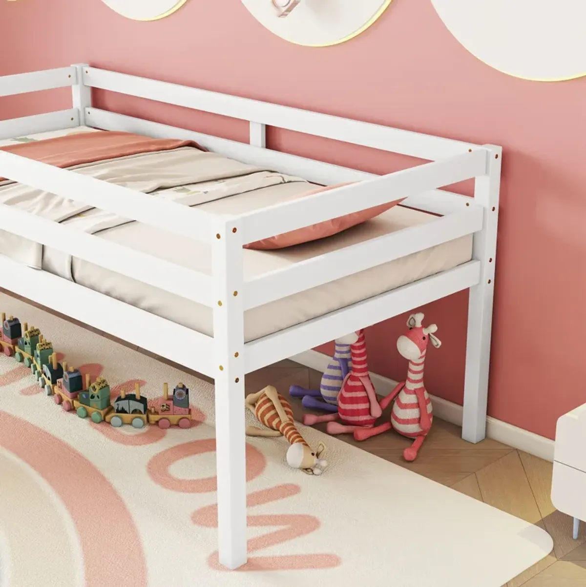 Low Loft Bed With Slide, Ladder, Safety Guardrails, No Box Spring Needed