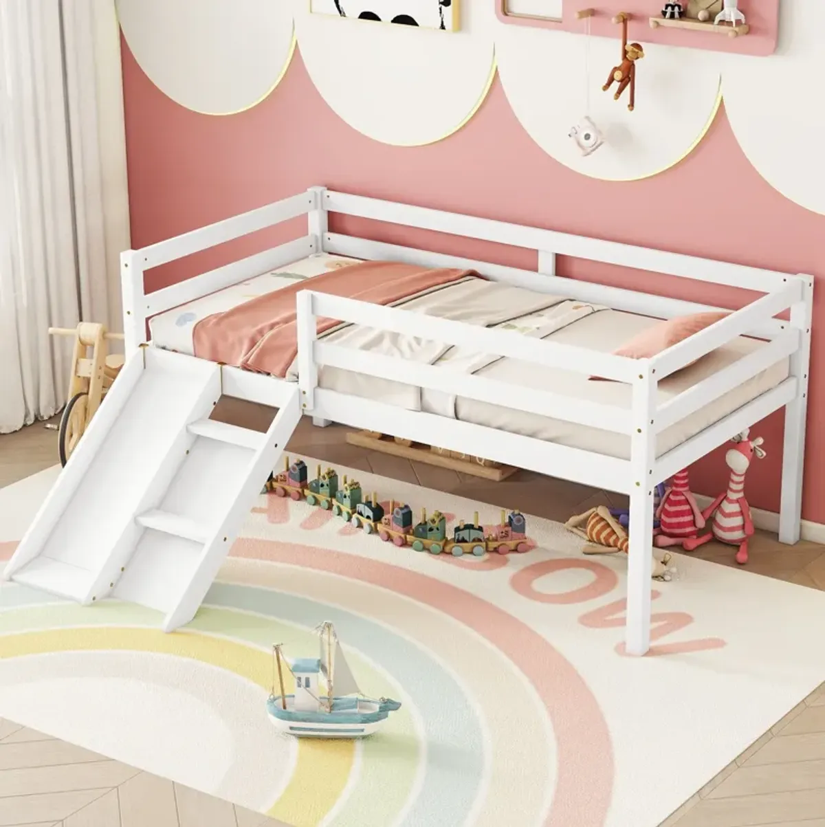 Low Loft Bed With Slide, Ladder, Safety Guardrails, No Box Spring Needed