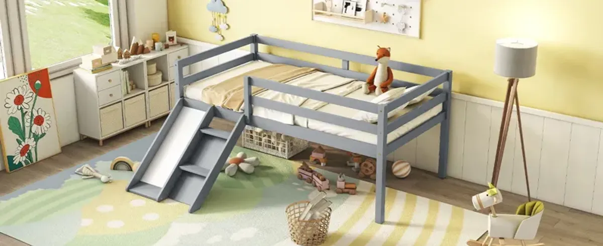 Low Loft Bed With Slide, Ladder, Safety Guardrails, No Box Spring Needed