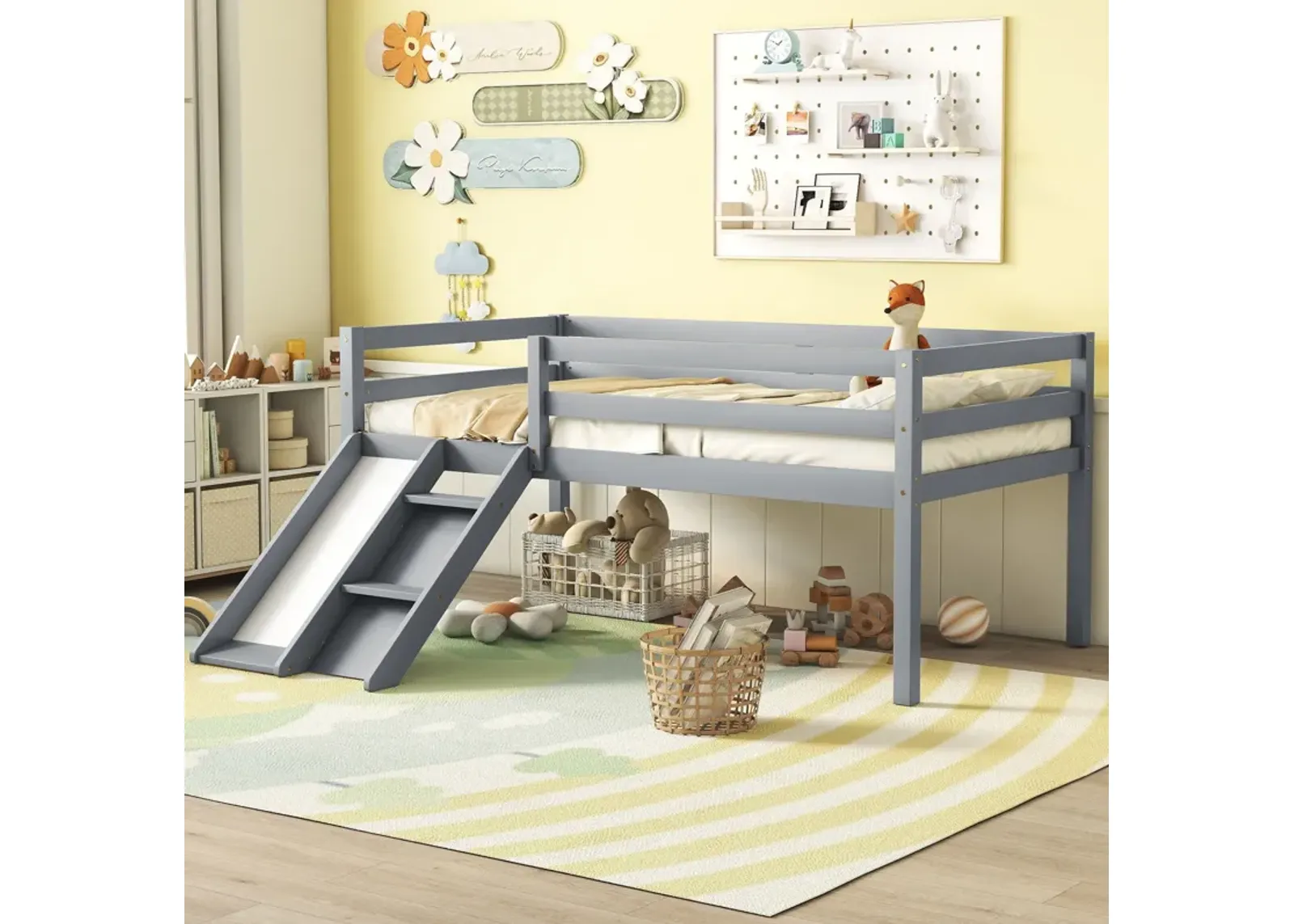 Low Loft Bed With Slide, Ladder, Safety Guardrails, No Box Spring Needed