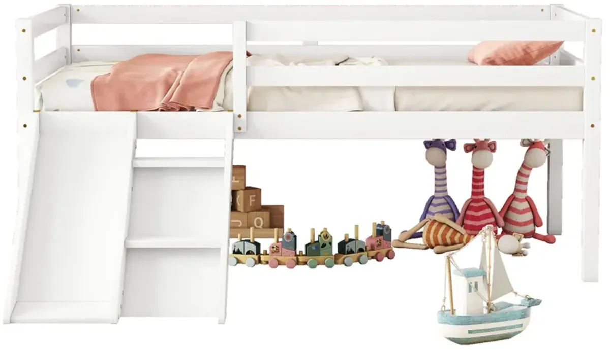 Low Loft Bed With Slide, Ladder, Safety Guardrails, No Box Spring Needed