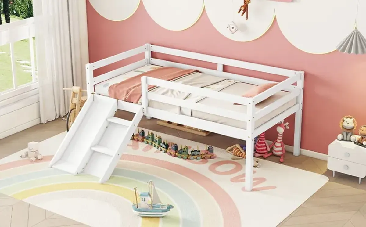 Low Loft Bed With Slide, Ladder, Safety Guardrails, No Box Spring Needed