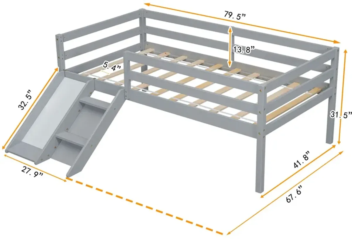 Low Loft Bed With Slide, Ladder, Safety Guardrails, No Box Spring Needed