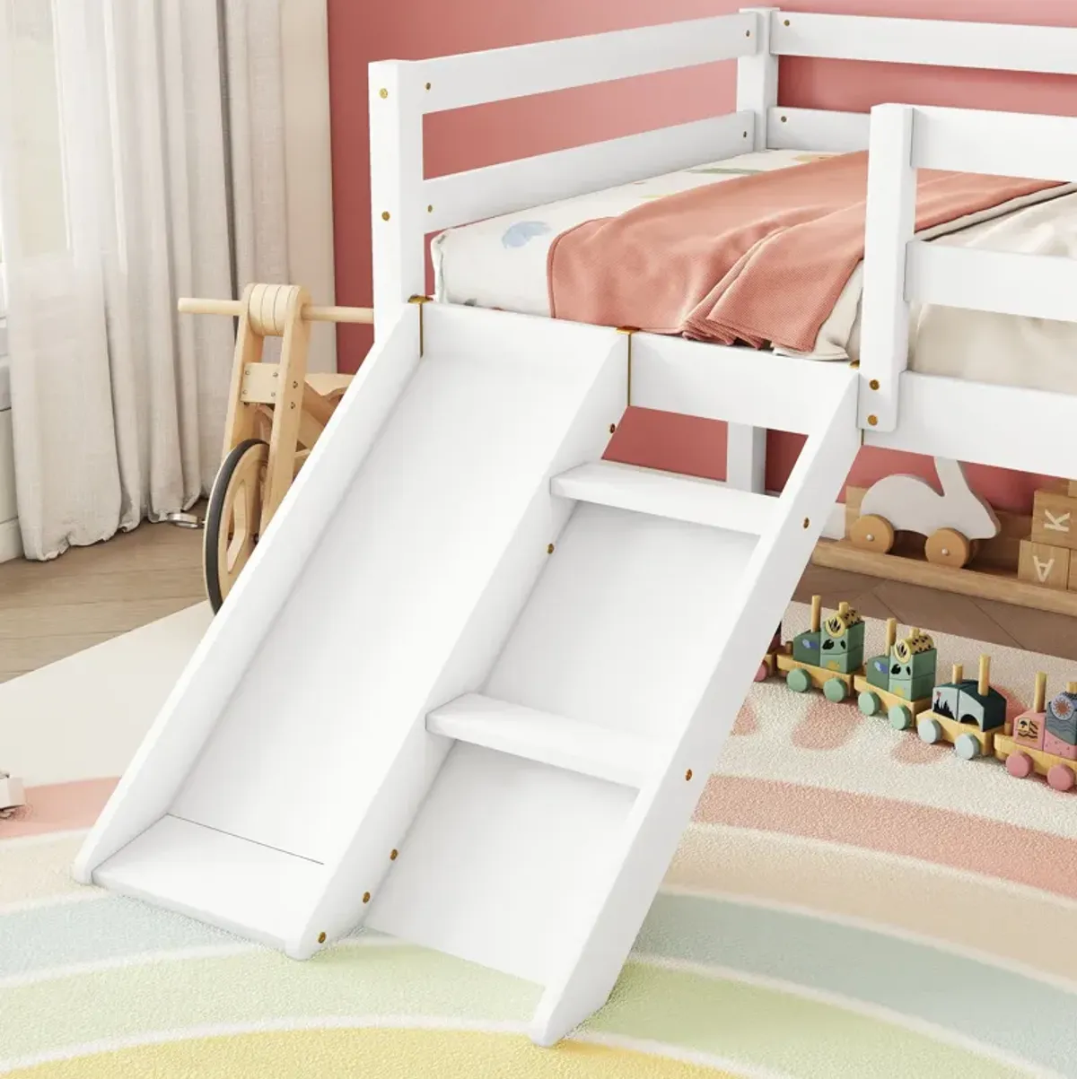 Low Loft Bed With Slide, Ladder, Safety Guardrails, No Box Spring Needed