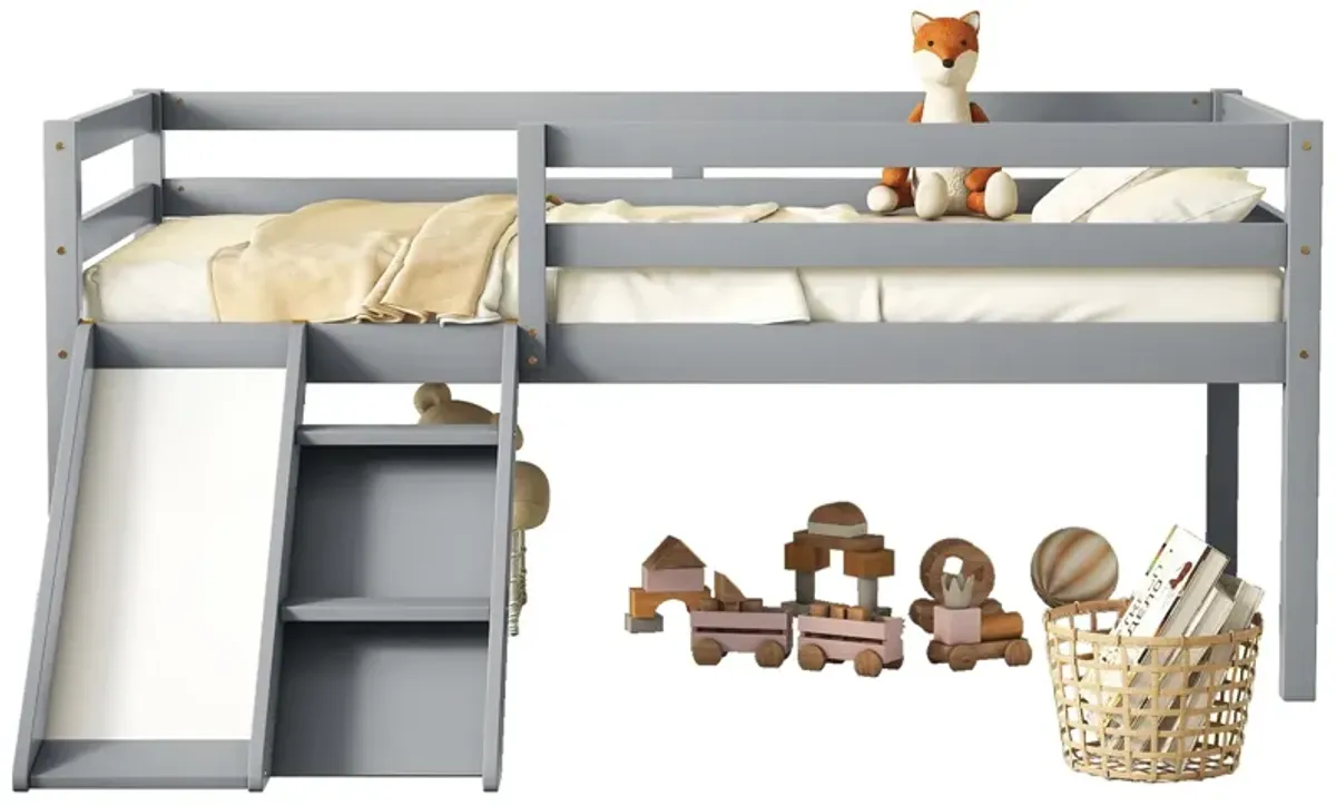 Low Loft Bed With Slide, Ladder, Safety Guardrails, No Box Spring Needed