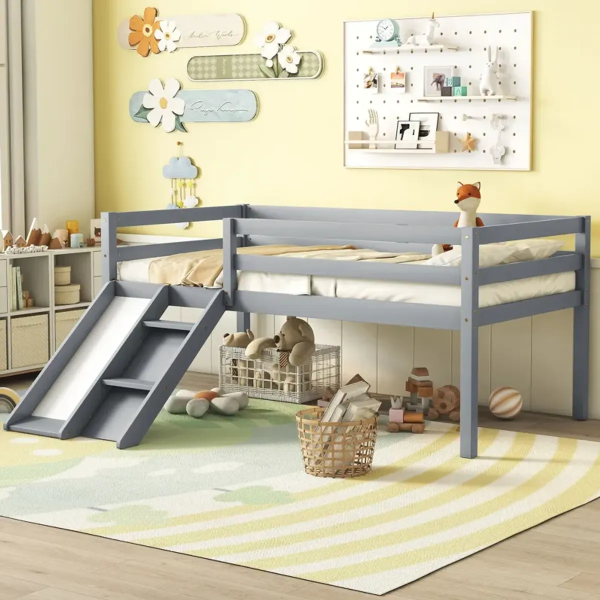 Low Loft Bed With Slide, Ladder, Safety Guardrails, No Box Spring Needed