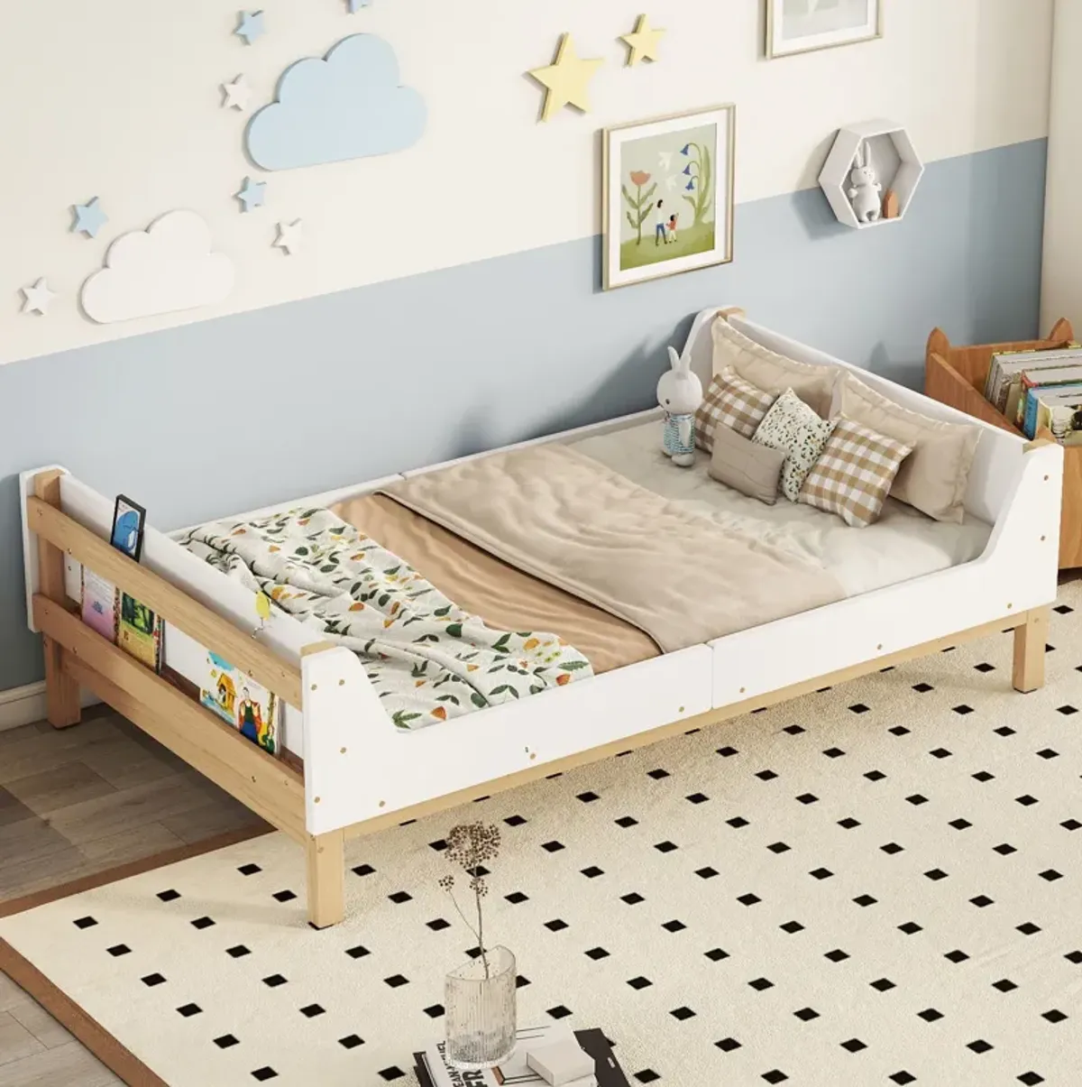 Bed With Headboard, Footboard, Safeguards, Built-In Bed-End Book Storage Rack