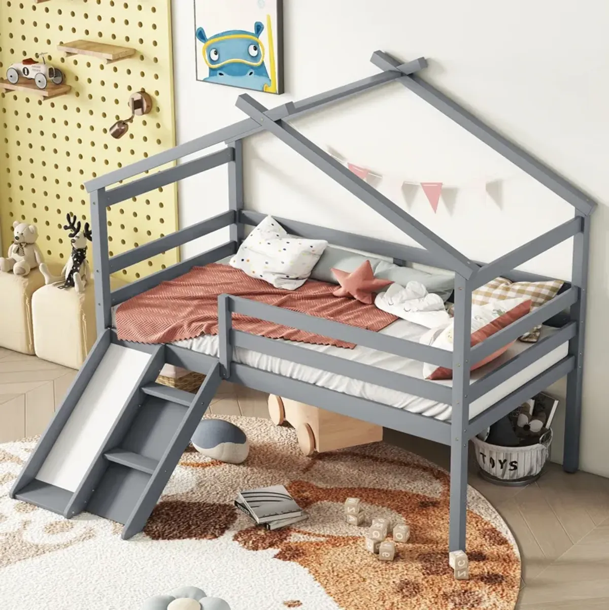 Low Loft House Bed With Slide, Ladder, Safety Guardrails, House Roof Frame