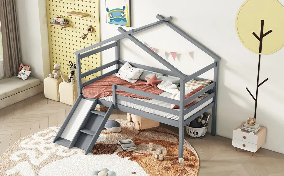 Low Loft House Bed With Slide, Ladder, Safety Guardrails, House Roof Frame