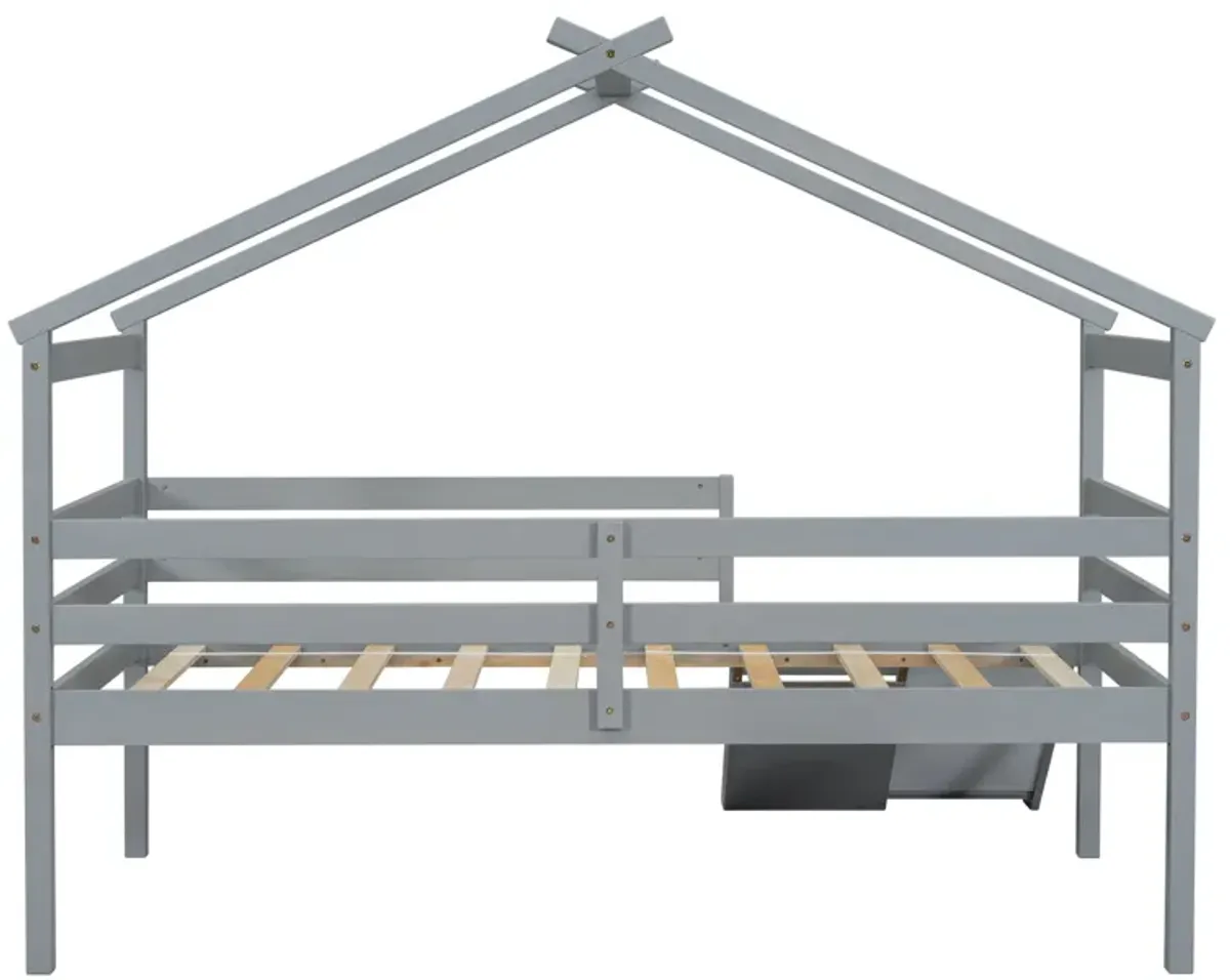 Low Loft House Bed With Slide, Ladder, Safety Guardrails, House Roof Frame