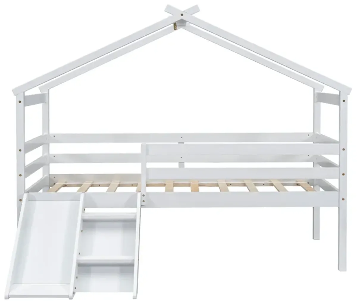 Low Loft House Bed With Slide, Ladder, Safety Guardrails, House Roof Frame