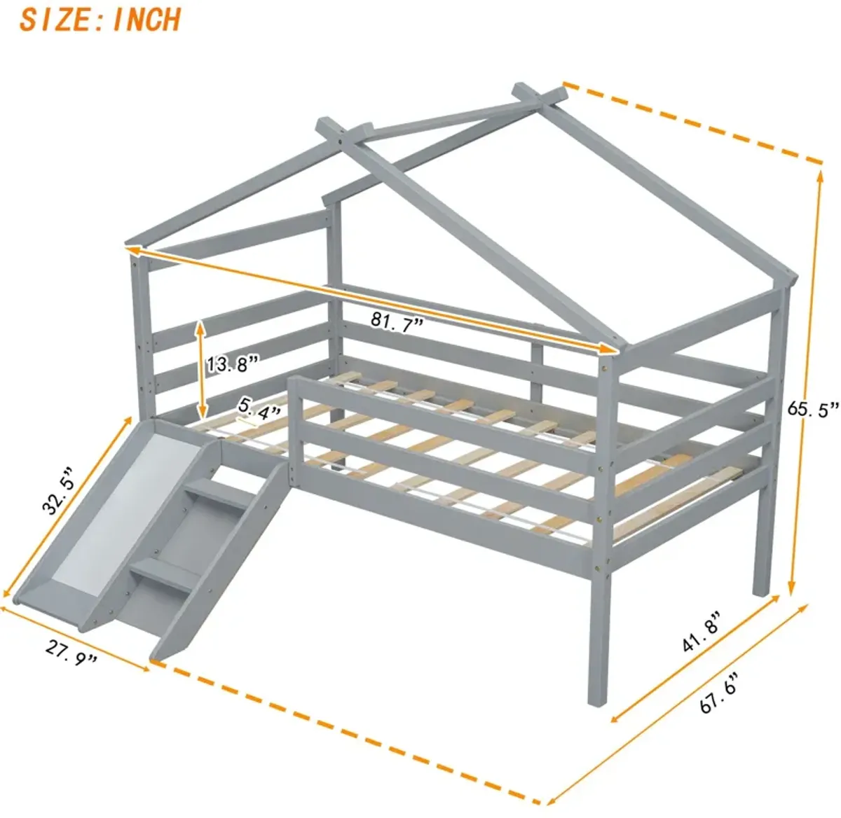 Low Loft House Bed With Slide, Ladder, Safety Guardrails, House Roof Frame