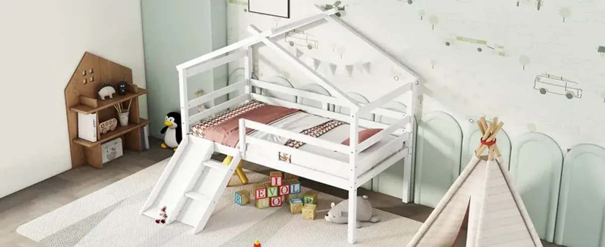 Low Loft House Bed With Slide, Ladder, Safety Guardrails, House Roof Frame