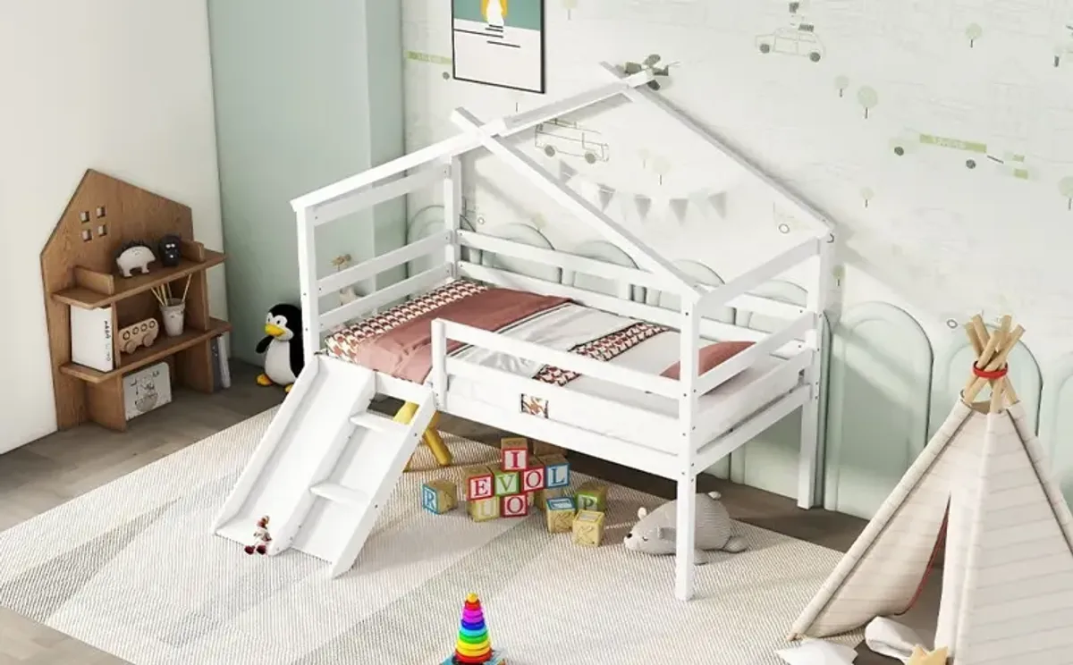 Low Loft House Bed With Slide, Ladder, Safety Guardrails, House Roof Frame