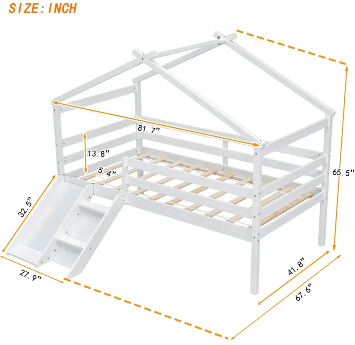 Low Loft House Bed With Slide, Ladder, Safety Guardrails, House Roof Frame