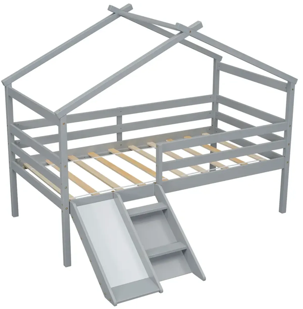 Low Loft House Bed With Slide, Ladder, Safety Guardrails, House Roof Frame