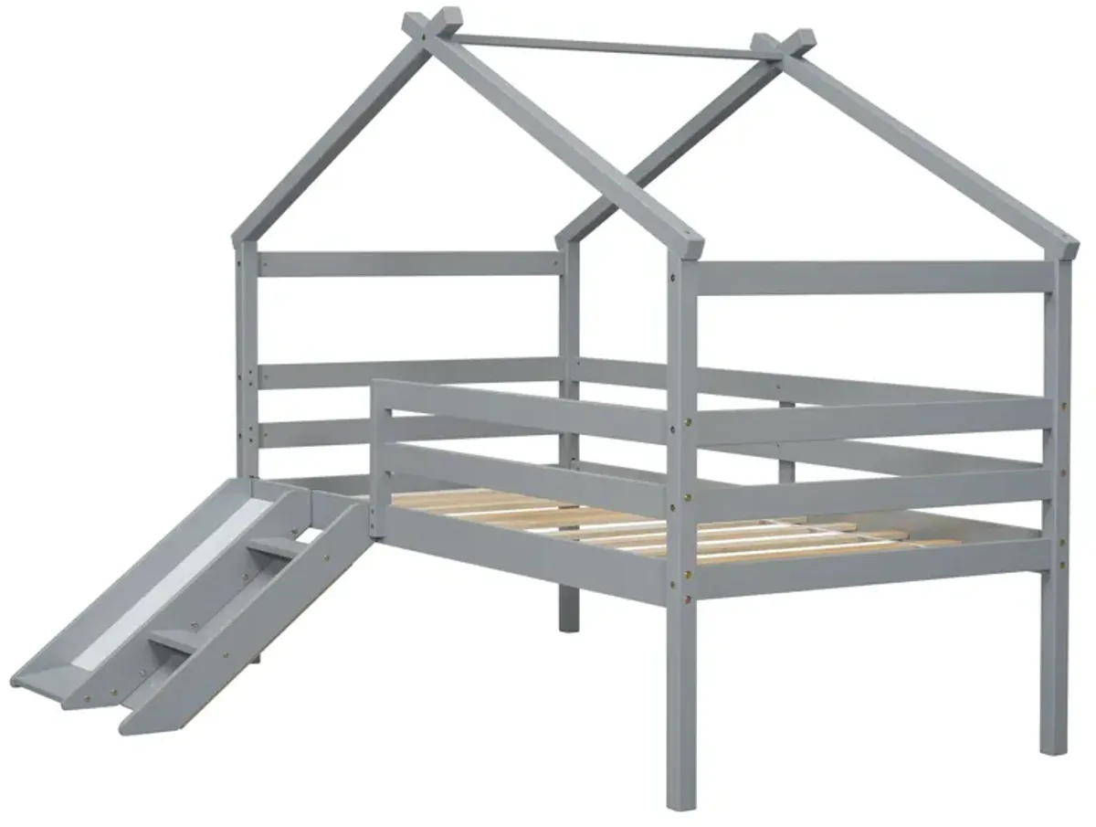 Low Loft House Bed With Slide, Ladder, Safety Guardrails, House Roof Frame