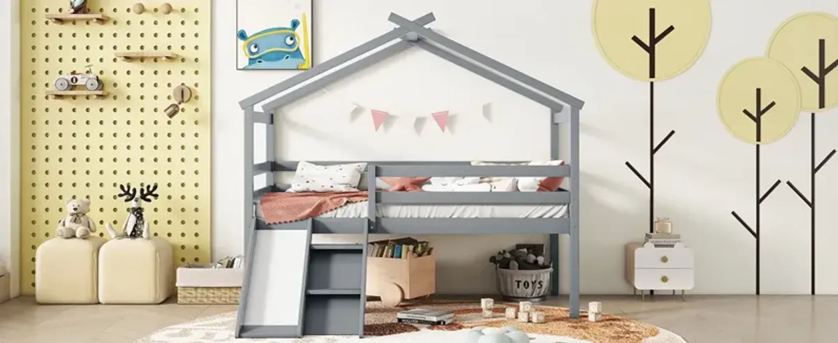 Low Loft House Bed With Slide, Ladder, Safety Guardrails, House Roof Frame