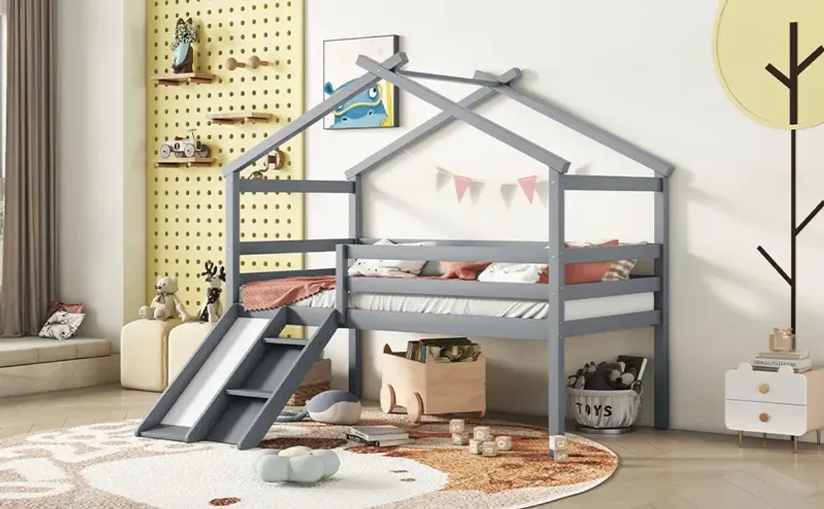 Low Loft House Bed With Slide, Ladder, Safety Guardrails, House Roof Frame