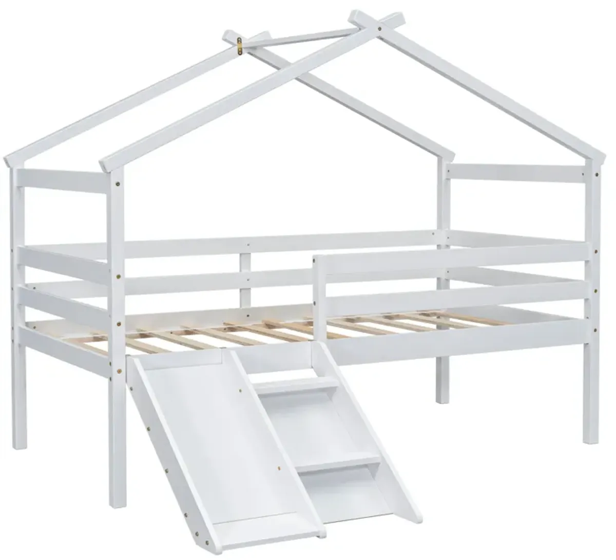 Low Loft House Bed With Slide, Ladder, Safety Guardrails, House Roof Frame