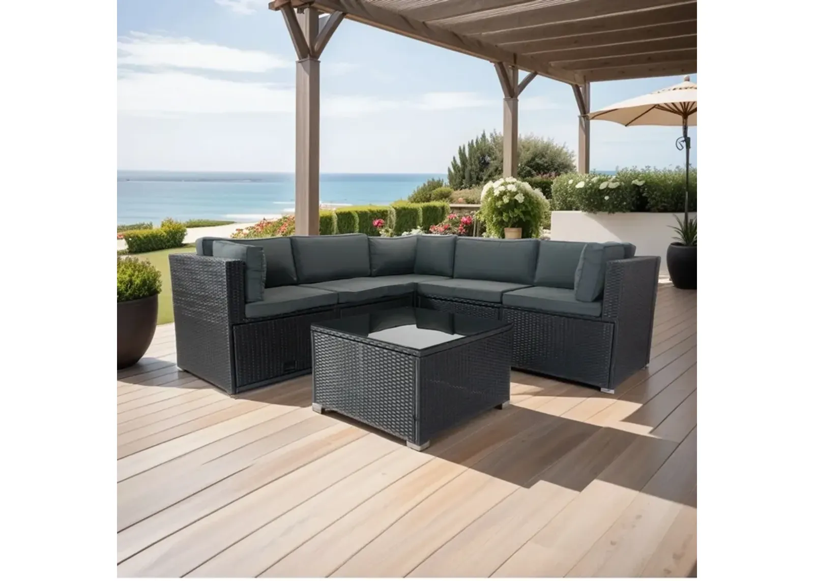 6 Pieces PE Rattan Sectional Outdoor Furniture Cushioned Sofa Set Wicker