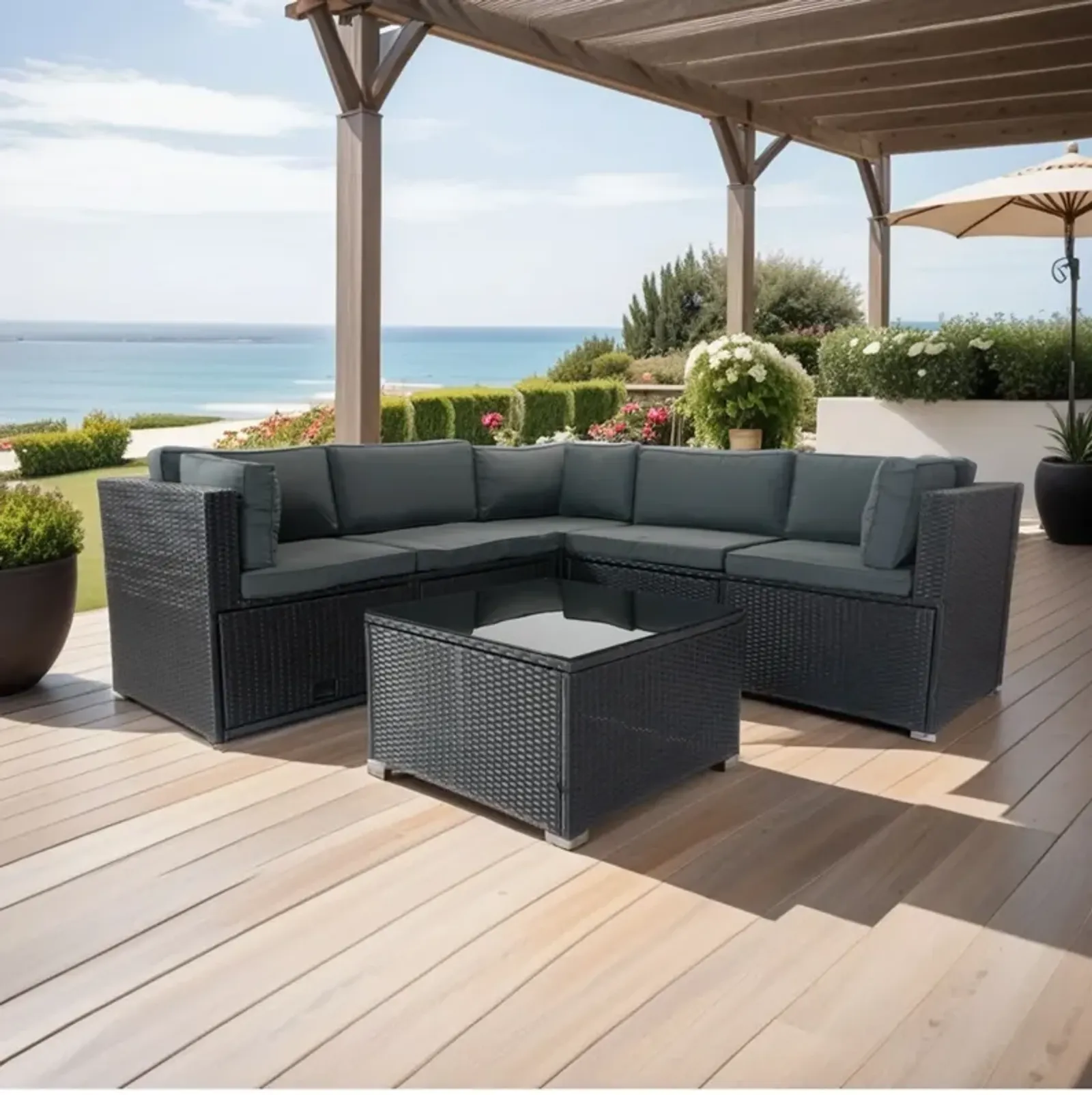 6 Pieces PE Rattan Sectional Outdoor Furniture Cushioned Sofa Set Wicker