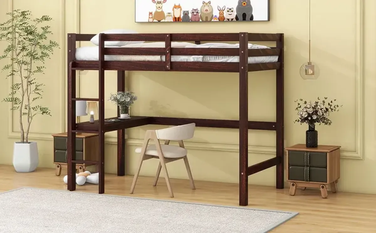 Loft Pine Wood Bed With Built-In Desk, Safety Guardrails, Ladder