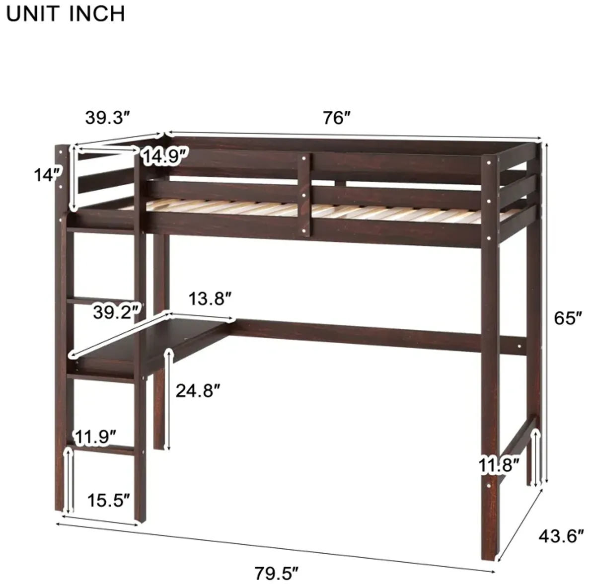 Loft Pine Wood Bed With Built-In Desk, Safety Guardrails, Ladder