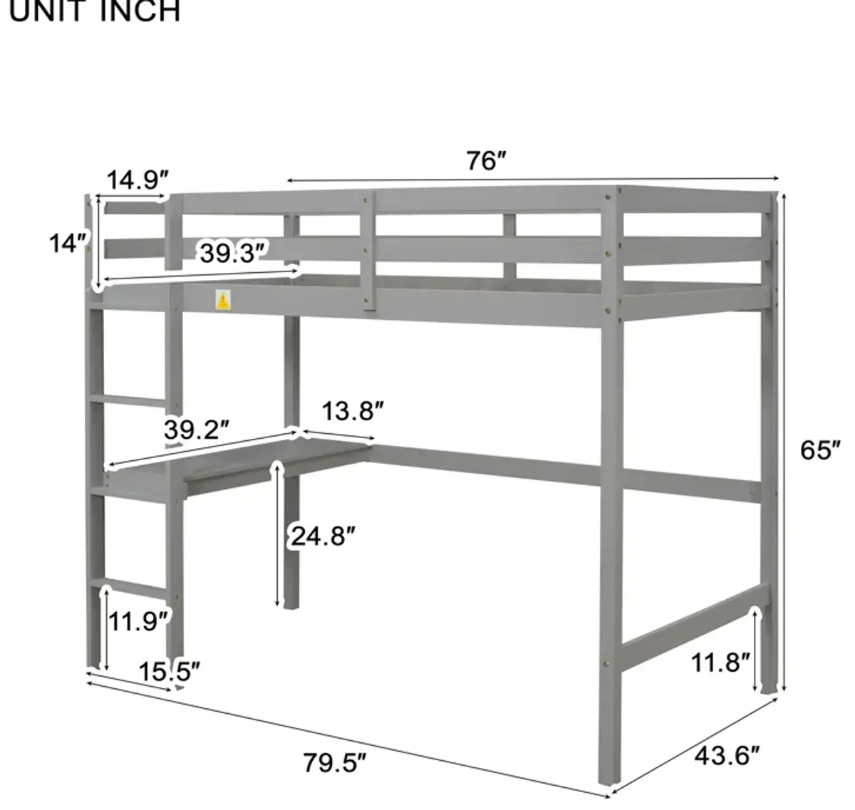 Loft Pine Wood Bed With Built-In Desk, Safety Guardrails, Ladder