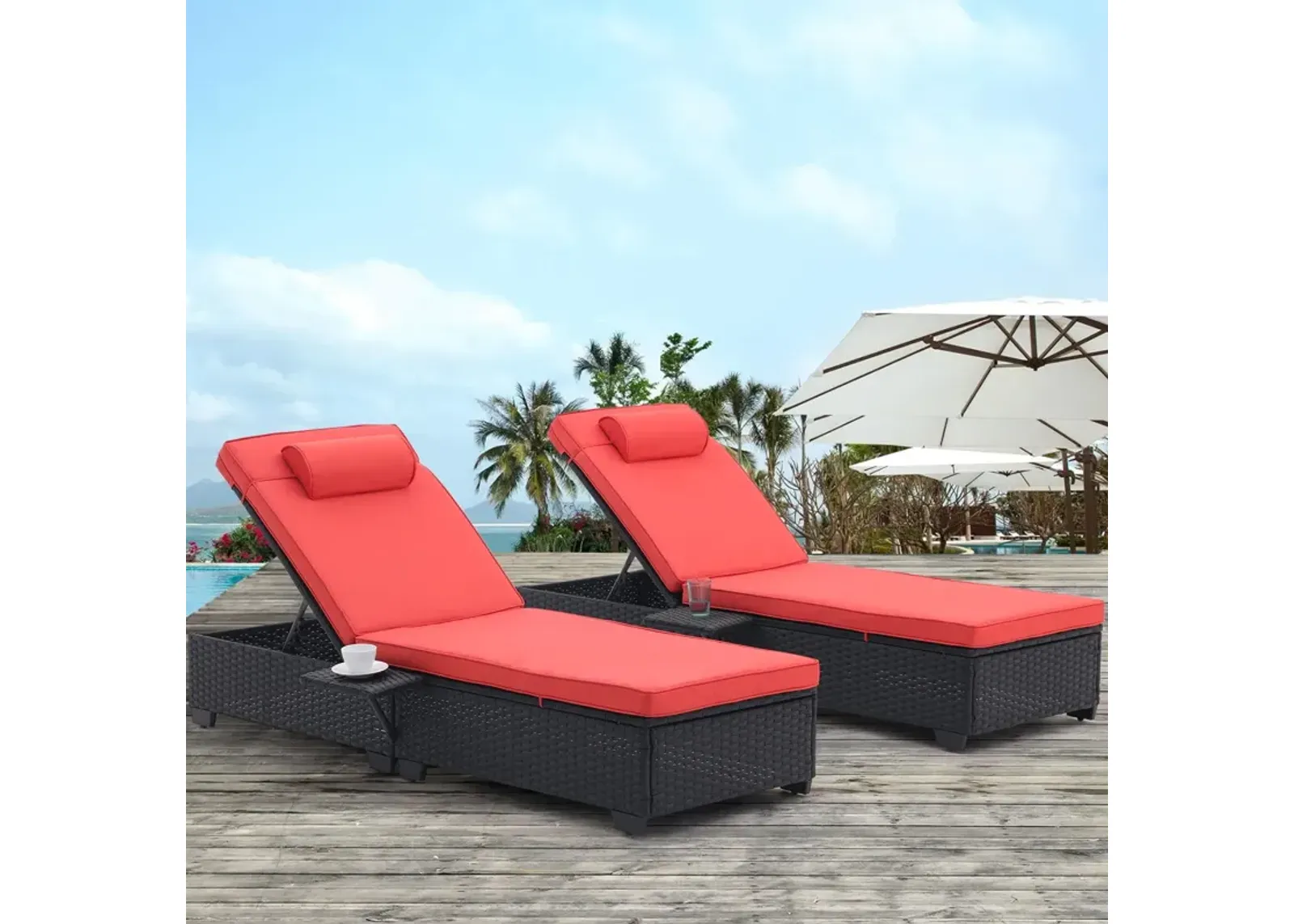 Outdoor Patio Chaise Lounge Chair, Lying In Bed With PE Rattan And Steel Frame, PE Wickers, Pool Recliners With Elegant Reclining Adjustable Backrest And Removable Cushions (Sets of 2)