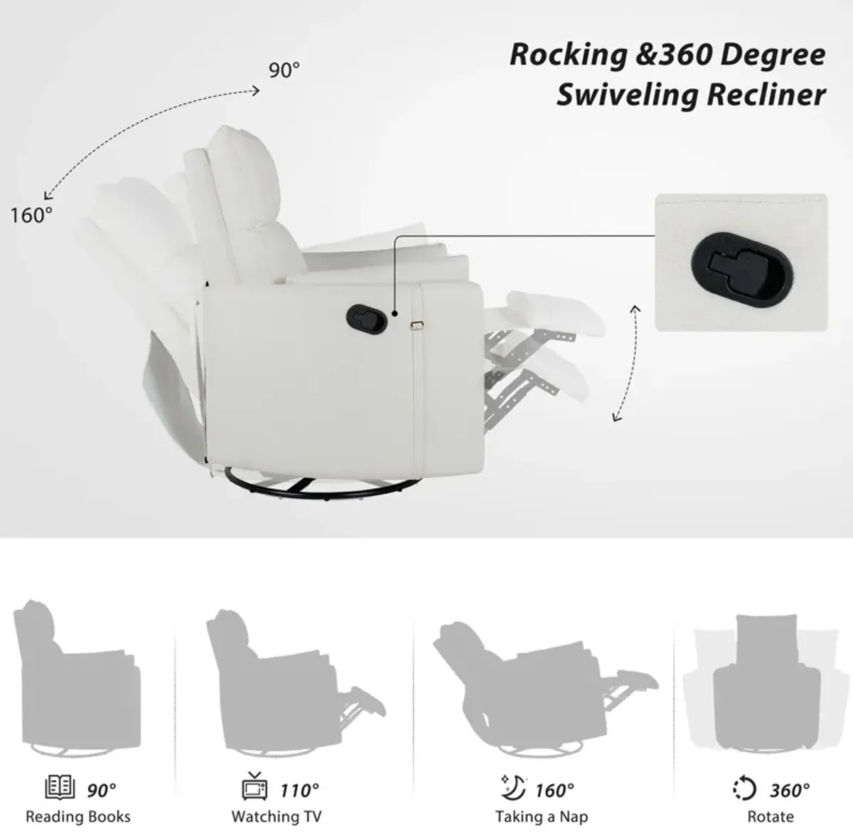 Upholstered Swivel Recliner Manual Rocker Recliner Chair Baby Nursery Chair With Two Removable Pillows For Living Room