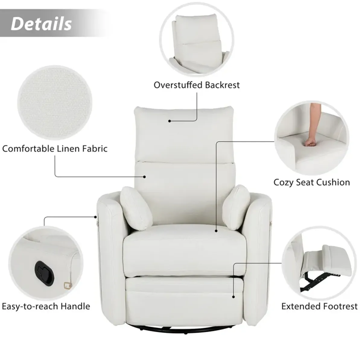 Upholstered Swivel Recliner Manual Rocker Recliner Chair Baby Nursery Chair With Two Removable Pillows For Living Room