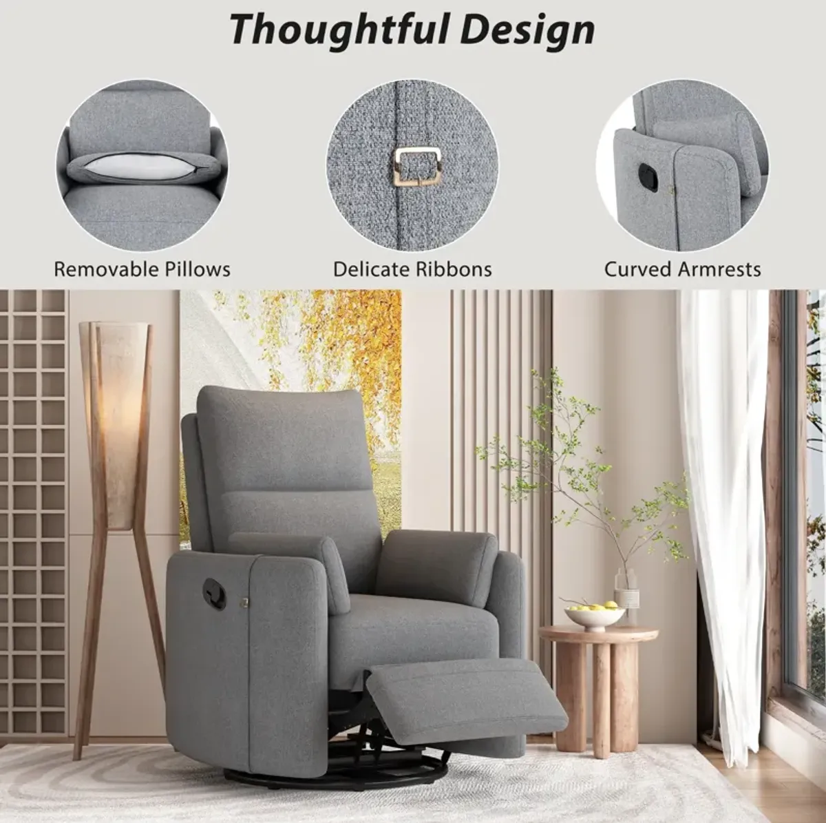 Upholstered Swivel Recliner Manual Rocker Recliner Chair Baby Nursery Chair With Two Removable Pillows For Living Room