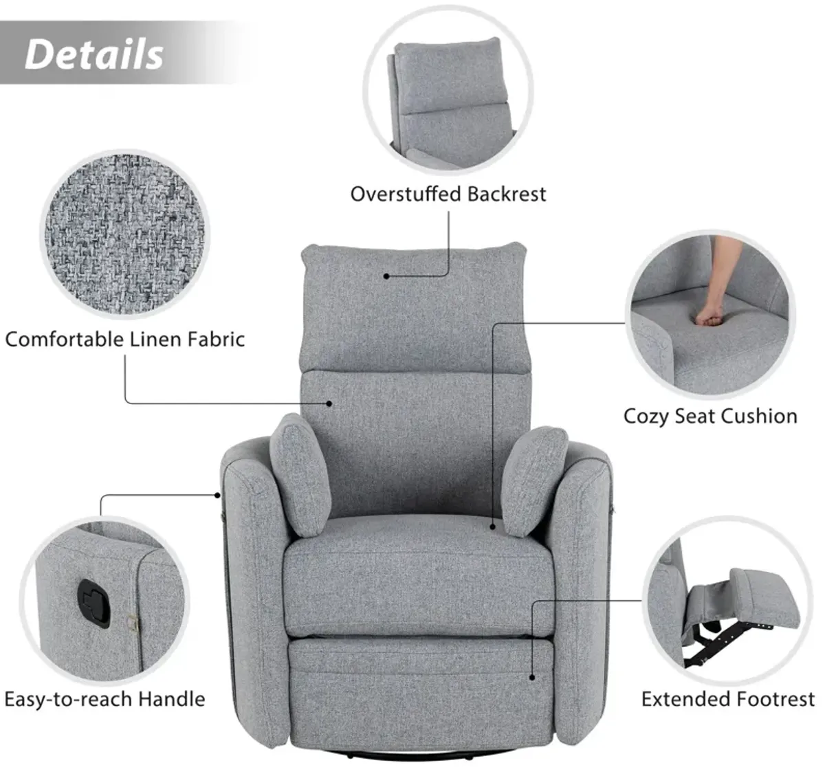 Upholstered Swivel Recliner Manual Rocker Recliner Chair Baby Nursery Chair With Two Removable Pillows For Living Room