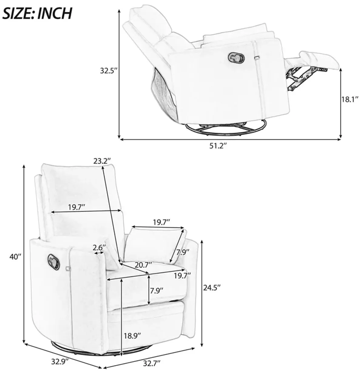 Upholstered Swivel Recliner Manual Rocker Recliner Chair Baby Nursery Chair With Two Removable Pillows For Living Room