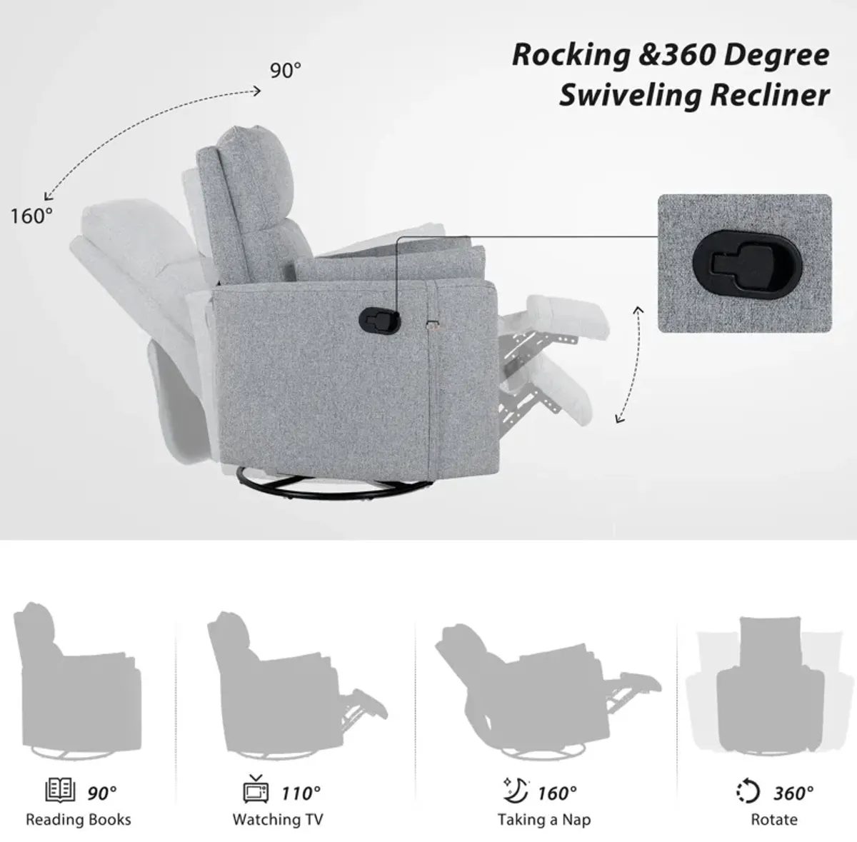 Upholstered Swivel Recliner Manual Rocker Recliner Chair Baby Nursery Chair With Two Removable Pillows For Living Room