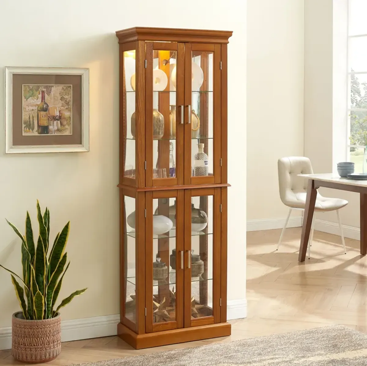 Curio Cabinet Lighted Curio Diapaly Cabinet With Adjustable Shelves And Mirrored Back Panel, Tempered Glass Doors (6 Tier), (E26 Light Bulb Not Included)