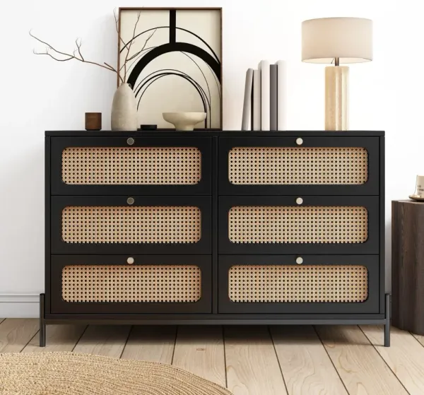 Modern Cannage Rattan Wood Closet 6 Drawer Dresser Wood Storage Cabinet Sideboard For Bedroom, Living Room, Entryway, Hallway