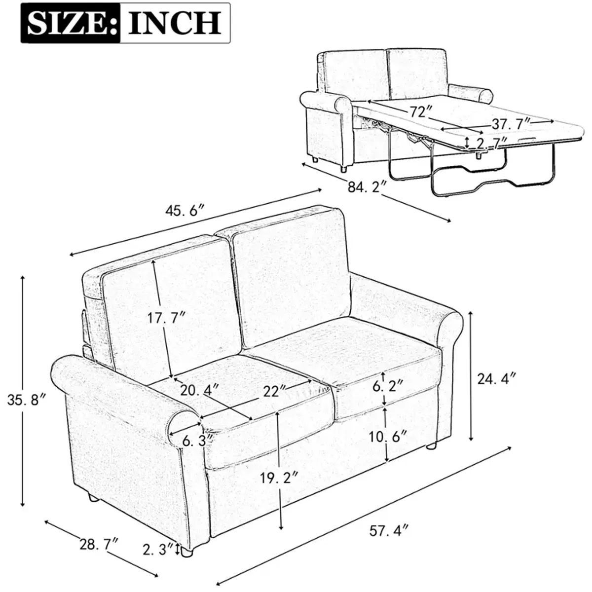 Pull Out Sofa Bed, Sleeper Sofa Bed With Premium Twin Size Mattress Pad, 2 In 1 Pull Out Couch Bed With Two USB Ports For Living Room, Small Apartment