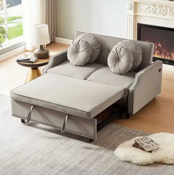 Multiple Adjustable Positions Sofa Bed Stylish Sofa Bed With A Button Tufted Backrest, Two USB Ports And Four Floral Lumbar Pillows For Living Room, Bedroom, Or Small Space