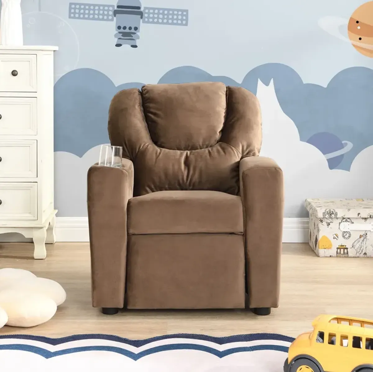 Kids Recliner Chair, Kids Upholstered Couch With One Cup Holder, Toddlers Recliner With Headrest And Footrest - Brown