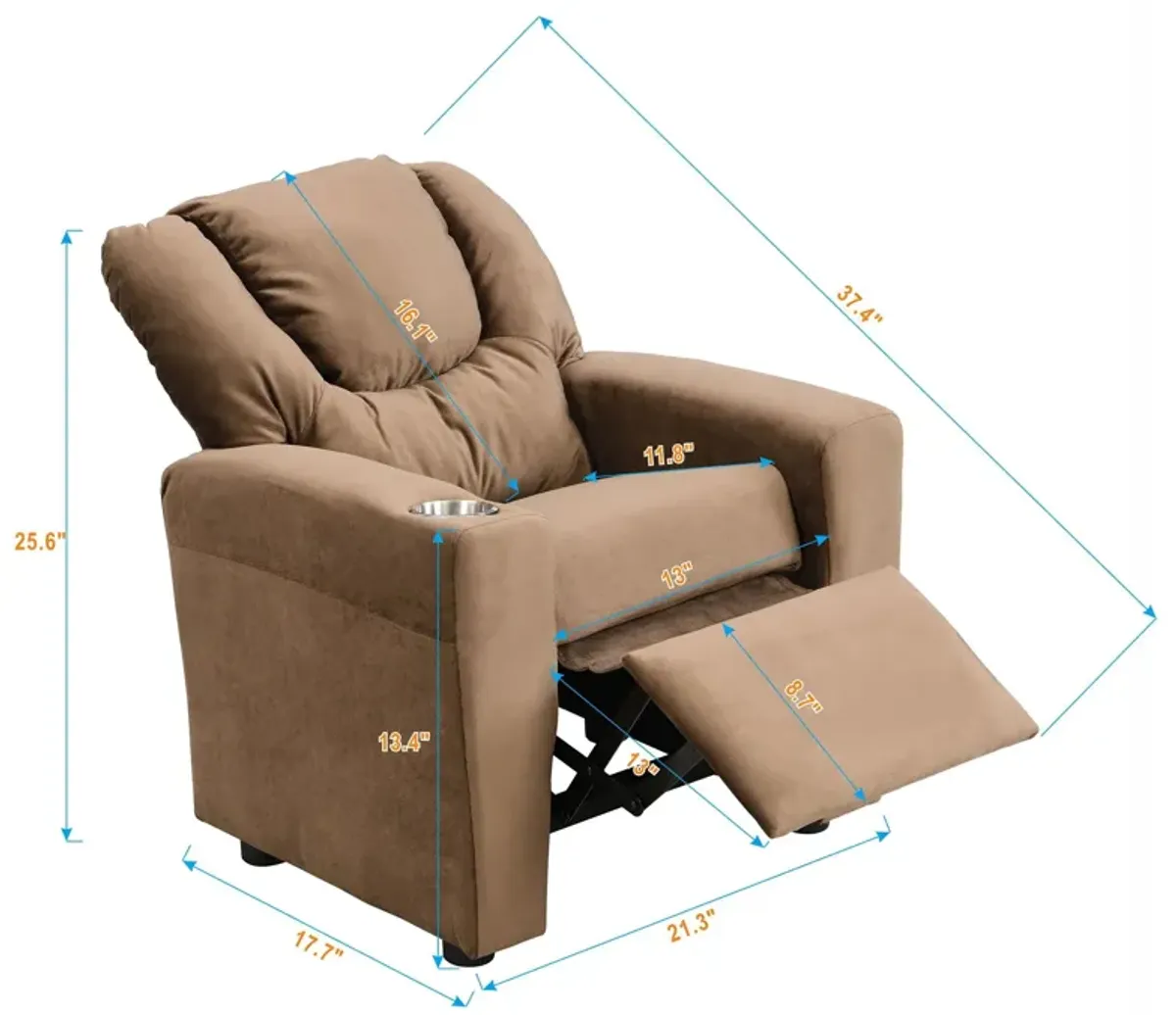 Kids Recliner Chair, Kids Upholstered Couch With One Cup Holder, Toddlers Recliner With Headrest And Footrest - Brown