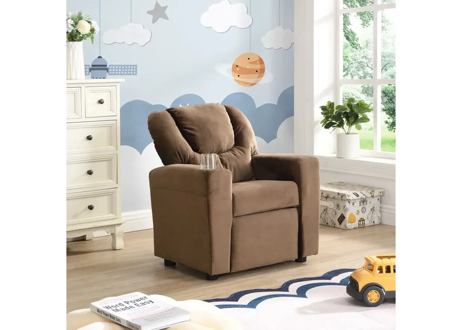 Kids Recliner Chair, Kids Upholstered Couch With One Cup Holder, Toddlers Recliner With Headrest And Footrest - Brown