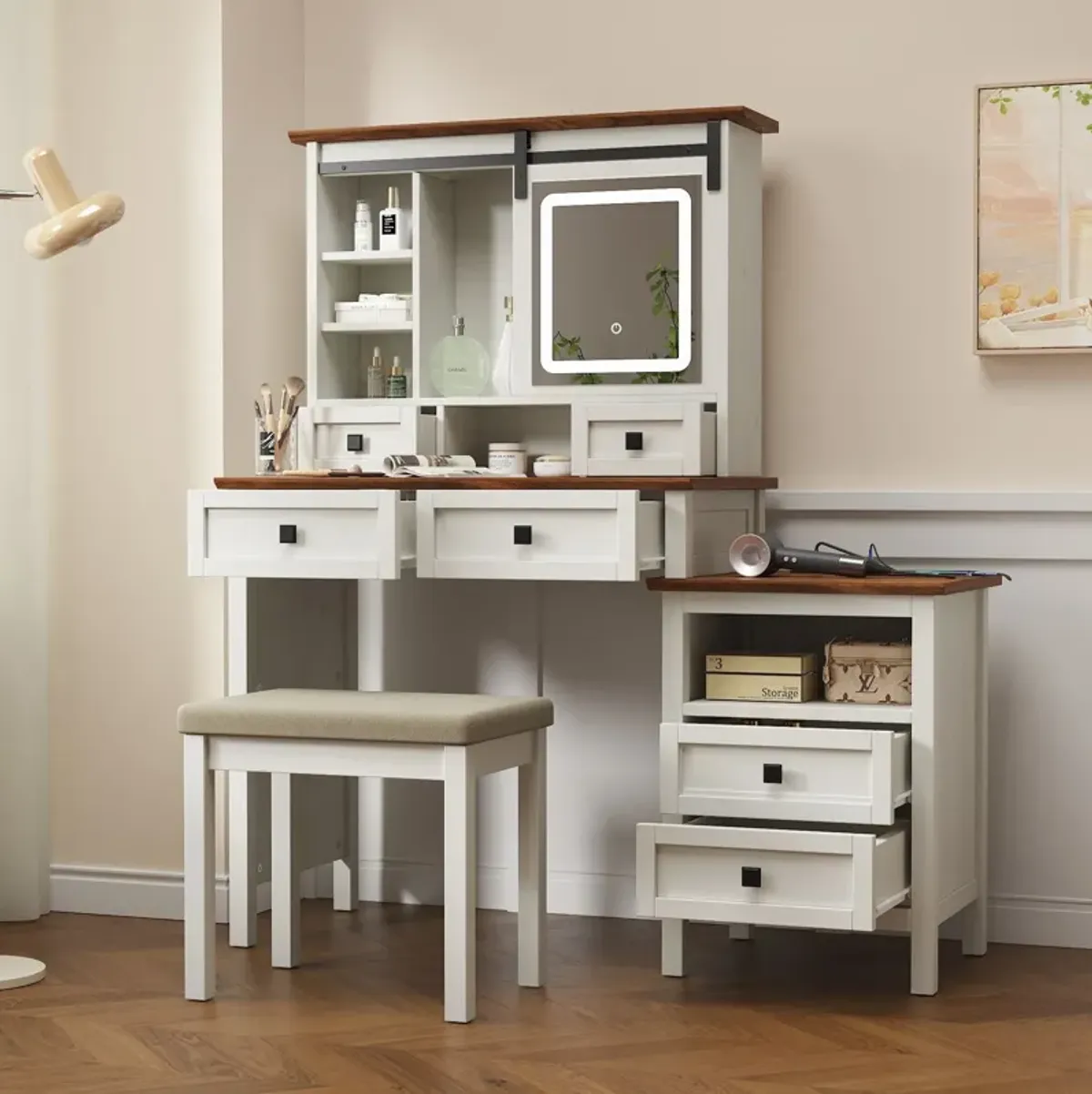 Farmhouse Makeup Vanity Desk With Adjustible LED Lighted Mirror And Charging Station For Bedroom, Dressing Vanity Table With Side Cabinet And Cushioned Stool - White