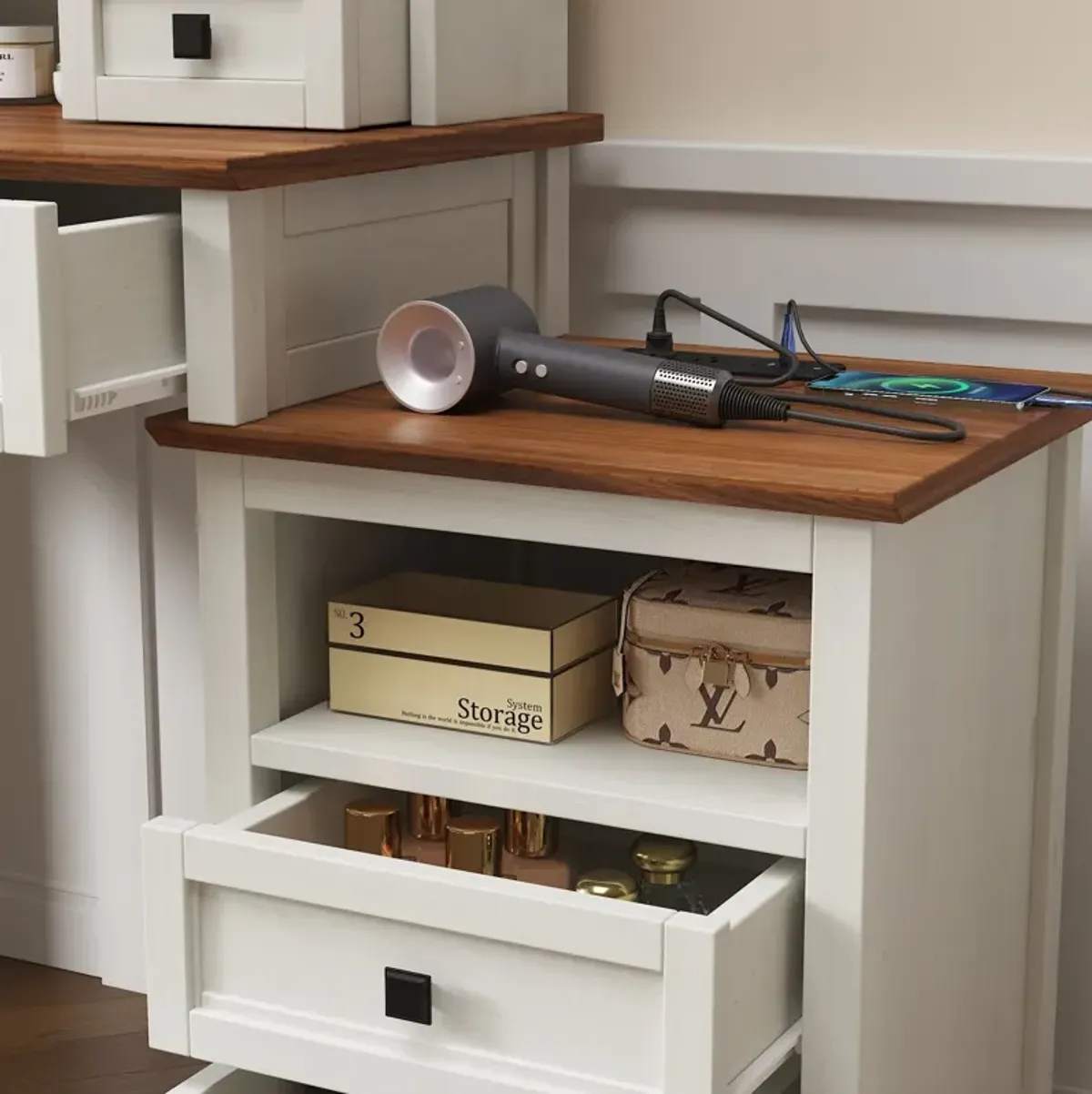 Farmhouse Makeup Vanity Desk With Adjustible LED Lighted Mirror And Charging Station For Bedroom, Dressing Vanity Table With Side Cabinet And Cushioned Stool - White